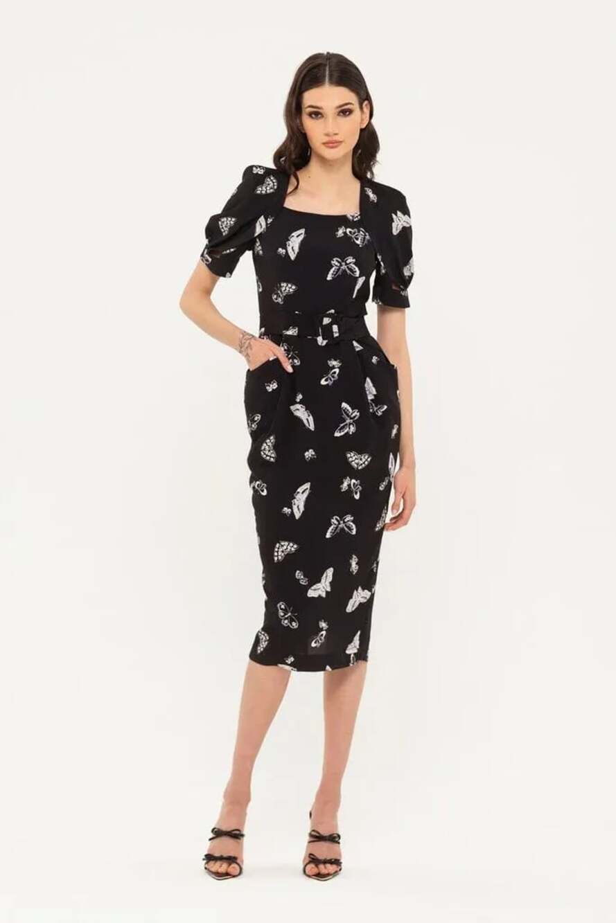 BGL Fashion Group Women's Butterfly Square Neck Puff Sleeve Midi Sheath Dress